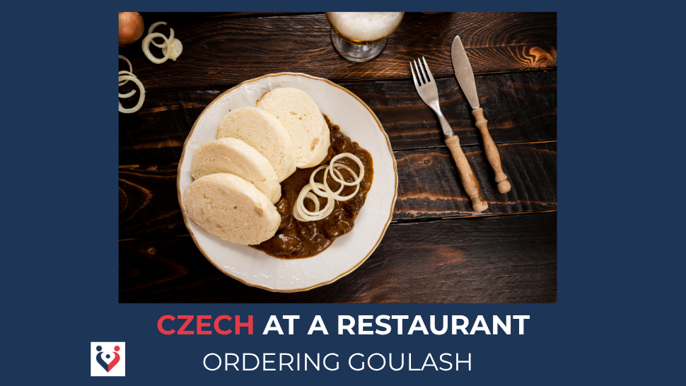 Czech goulash with bread dumplings and onion rings.